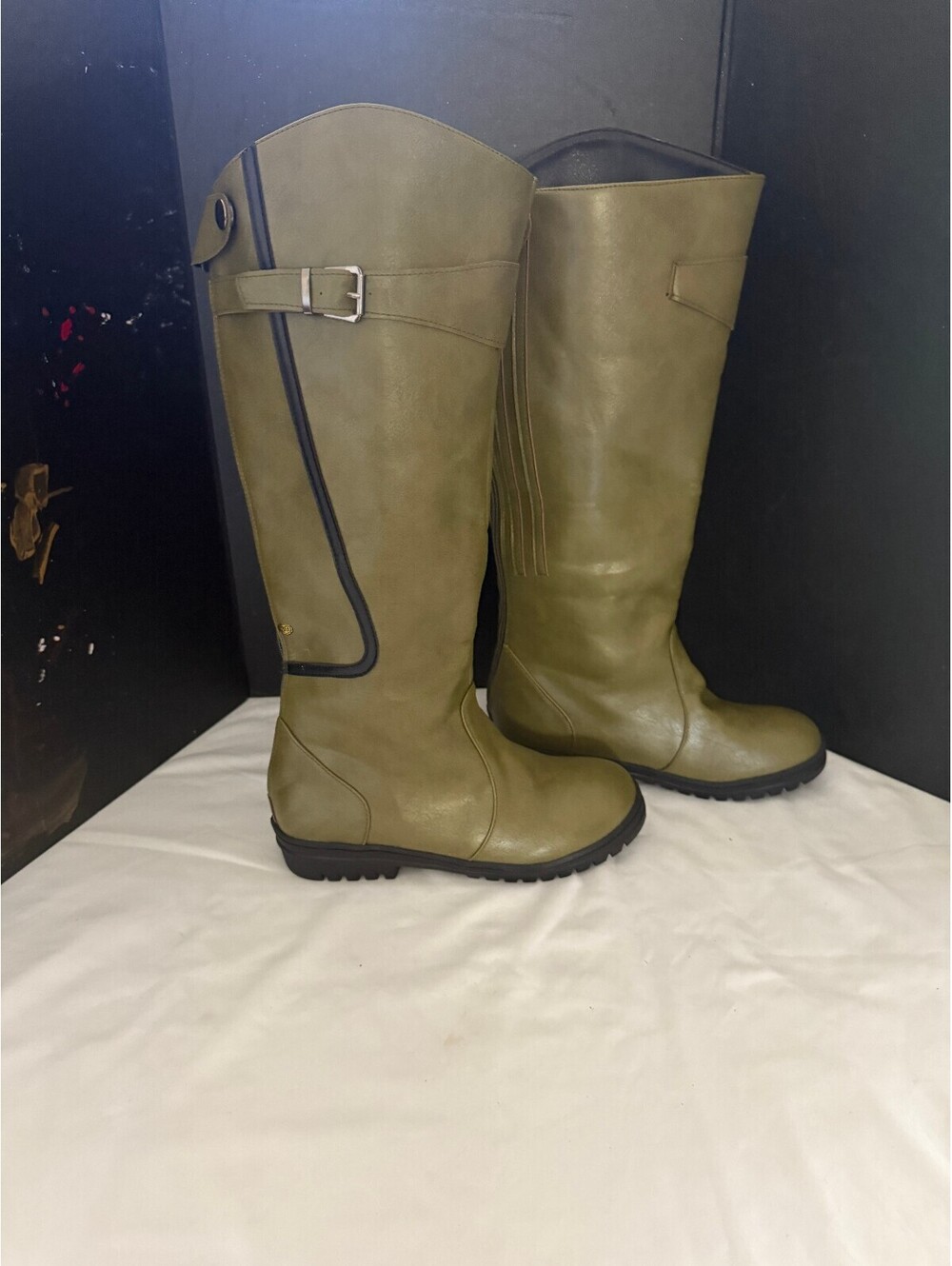 Olive Green Knee-High Rubber Rain Boots with Buckle Detail